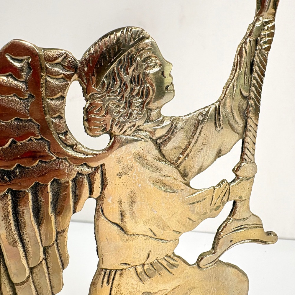 Vintage Brass Kneeling Angel Taper Candle Holder Gold Winged Figurine 12 Inch - Picture 2 of 9